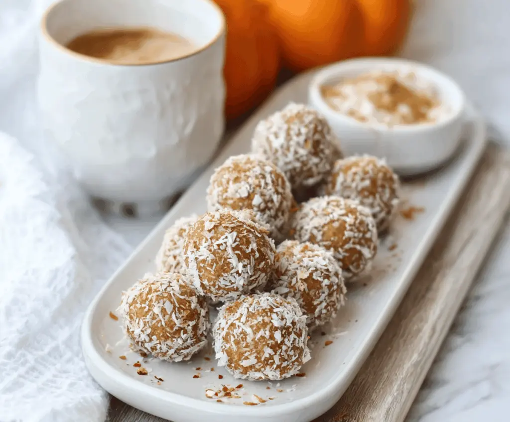 Delicious homemade Coconut Pumpkin Protein Balls on a white plate, featuring shredded coconut and pumpkin seeds, perfect healthy snack for energy and wellness.