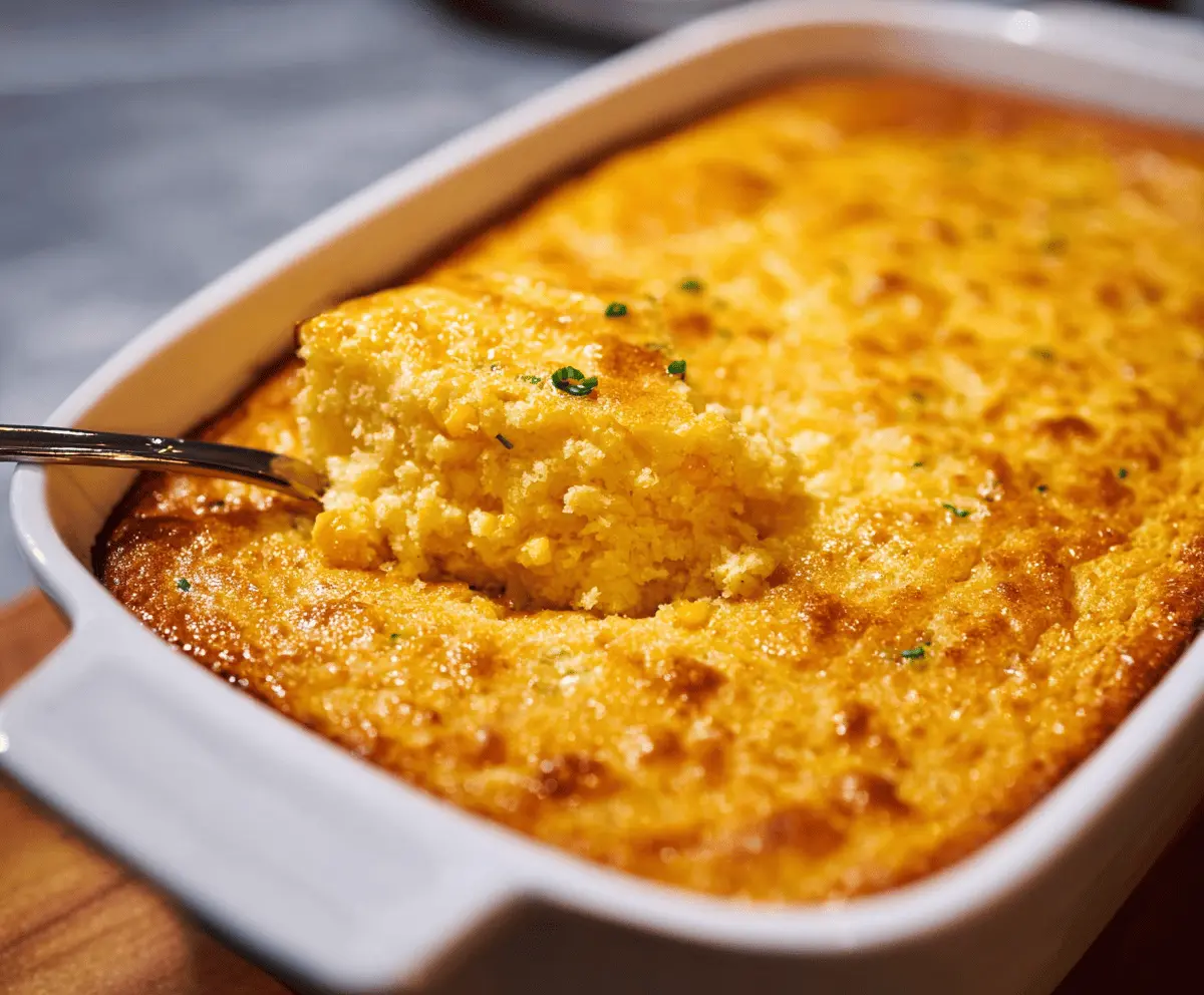 Delicious creamy corn pudding topped with melted butter and fresh herbs, served in a white ceramic dish