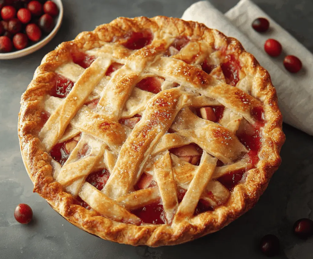 Delicious homemade cranberry apple pie topped with golden crust, featuring vibrant red cranberries and sliced apples for a festive dessert.