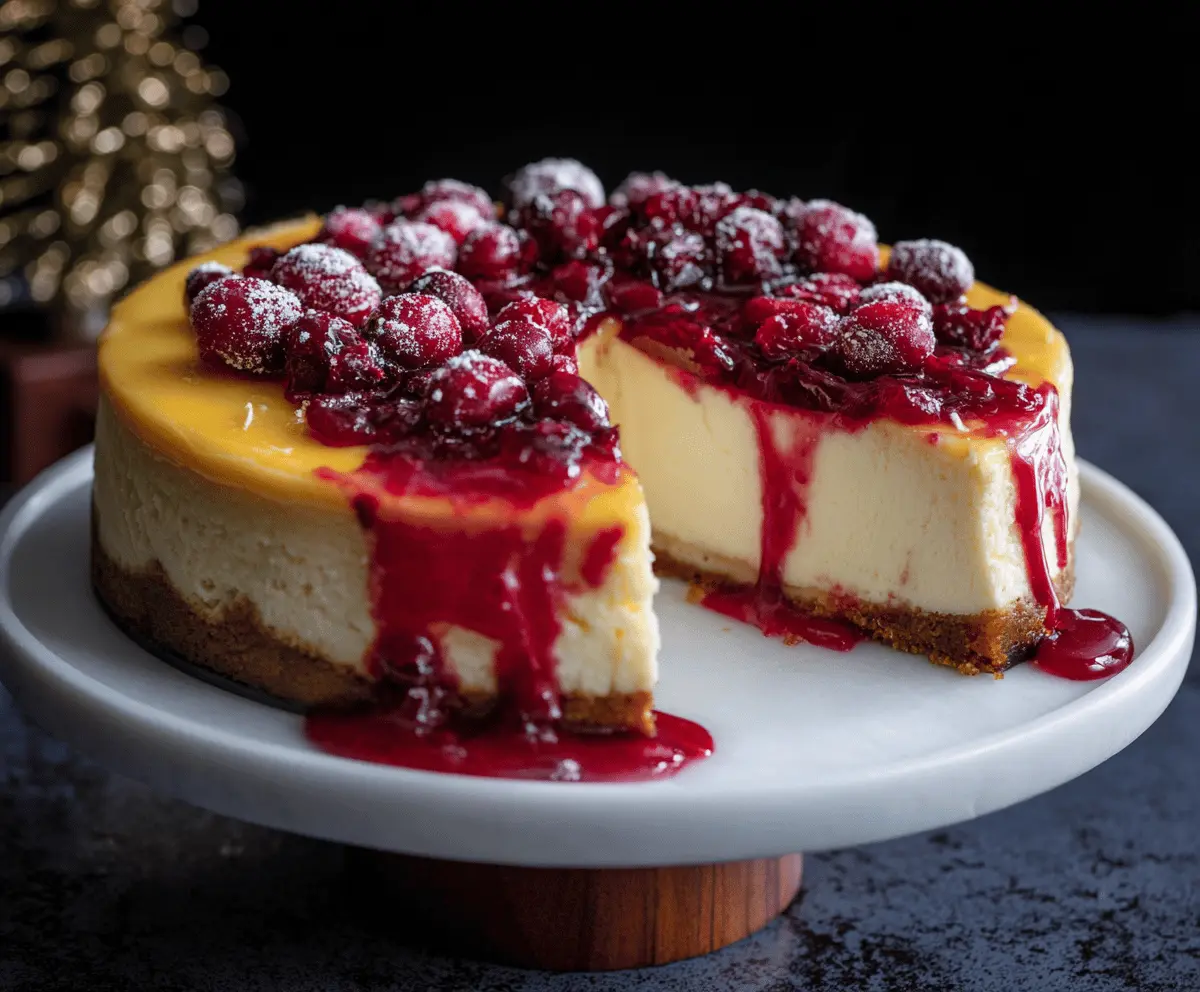 Creamy cranberry orange cheesecake topped with fresh cranberries and orange zest, served on a white plate for a festive dessert presentation.