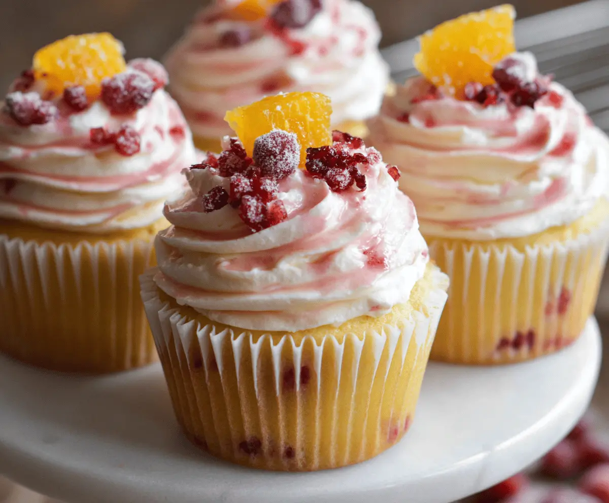 Delicious cranberry orange cupcakes topped with fresh cranberries and orange zest, perfect for holiday desserts.