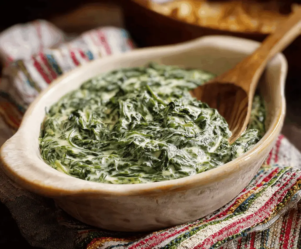 Creamed spinach served in a white bowl with a creamy, rich texture and fresh spinach leaves, perfect for a savory side dish.