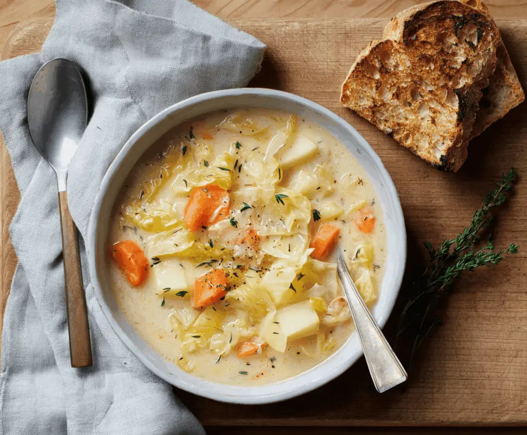 A bowl of creamy cabbage soup garnished with fresh herbs, served with bread on the side, showcasing a comforting and hearty meal.