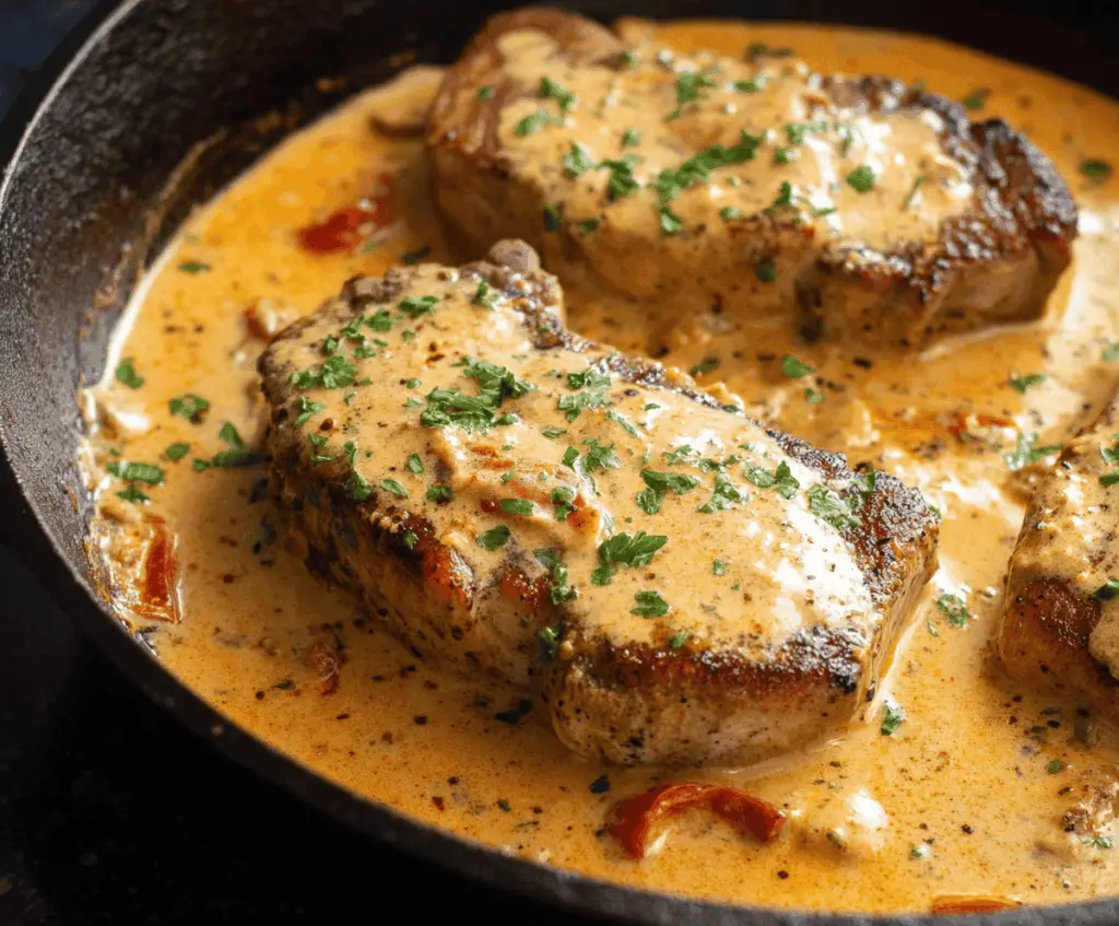 Juicy creamy Cajun pork chops garnished with fresh herbs on a rustic wooden table, perfect for a flavorful dinner