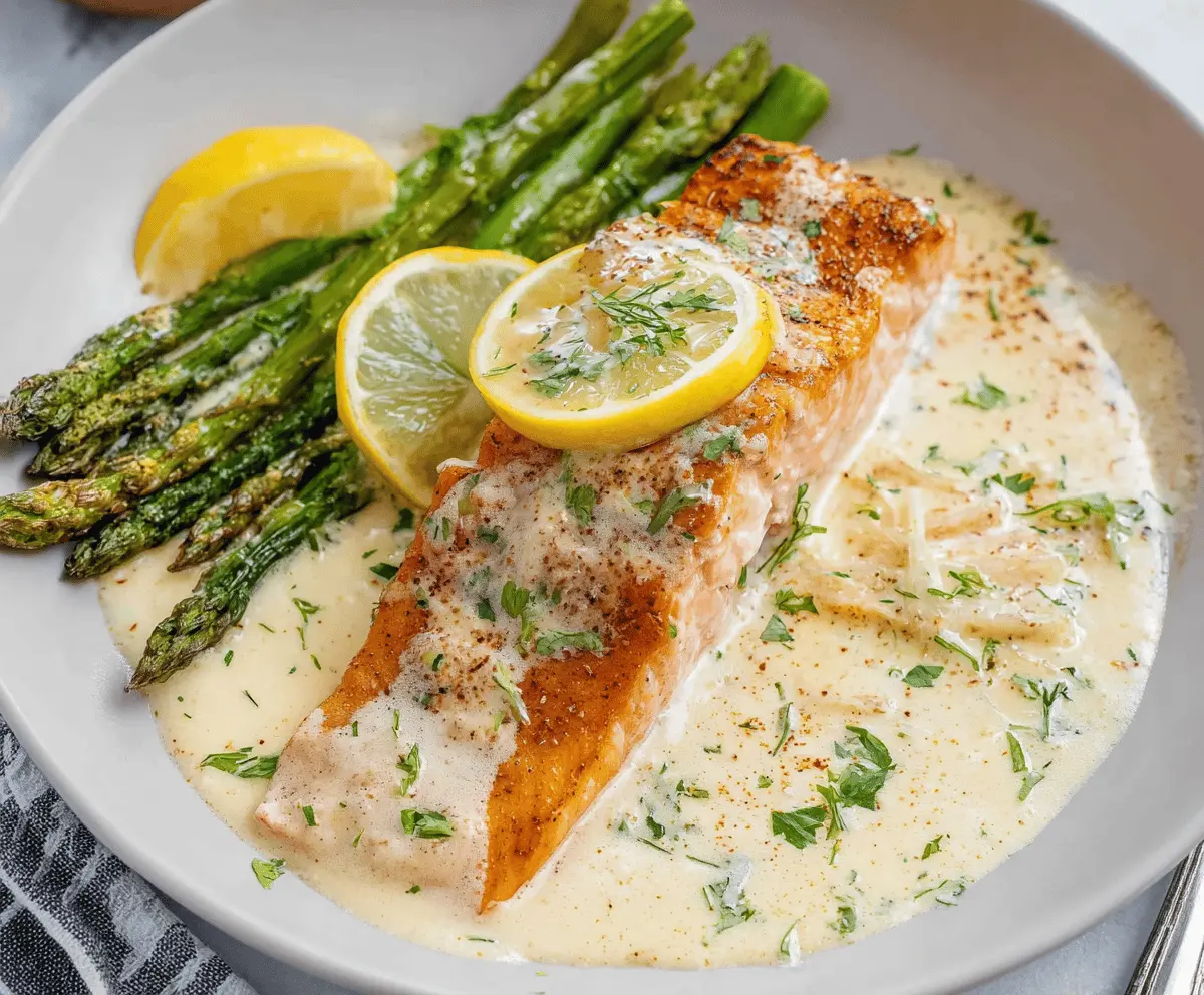 Delicious creamy lemon butter salmon served on a plate with fresh herbs