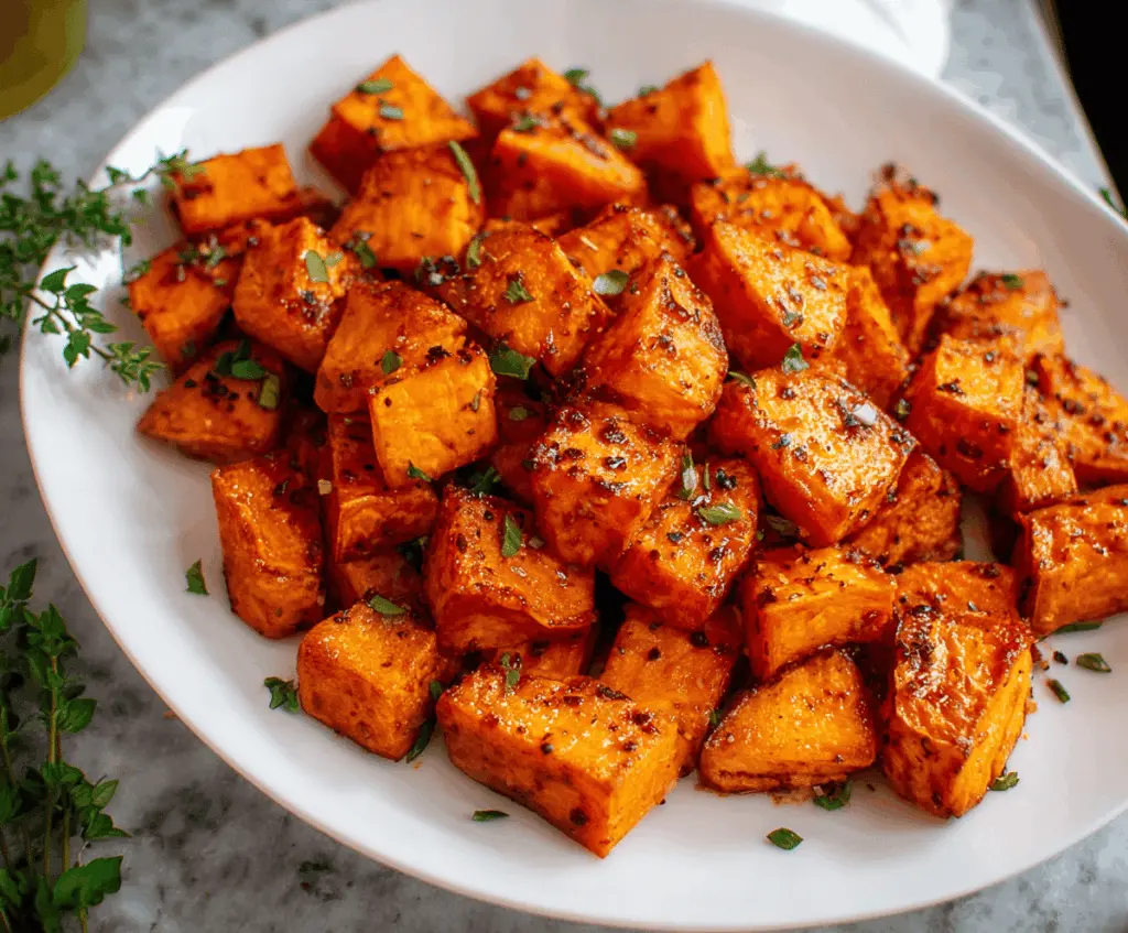 Crunchy roasted sweet potatoes seasoned and baked to golden perfection, showcasing their crispy exterior and tender interior