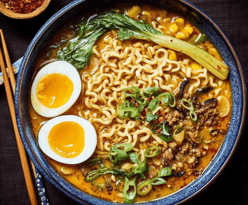 A steaming bowl of Curry Ramen Soup topped with sliced green onions, soft-boiled eggs, and tender ramen noodles in a rich, flavorful curry broth.