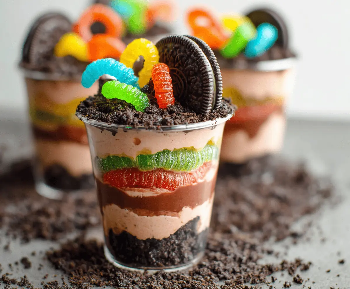 Delicious dirt cups dessert with chocolate pudding, crushed cookies, gummy worms, and a spooky-themed presentation for kids.