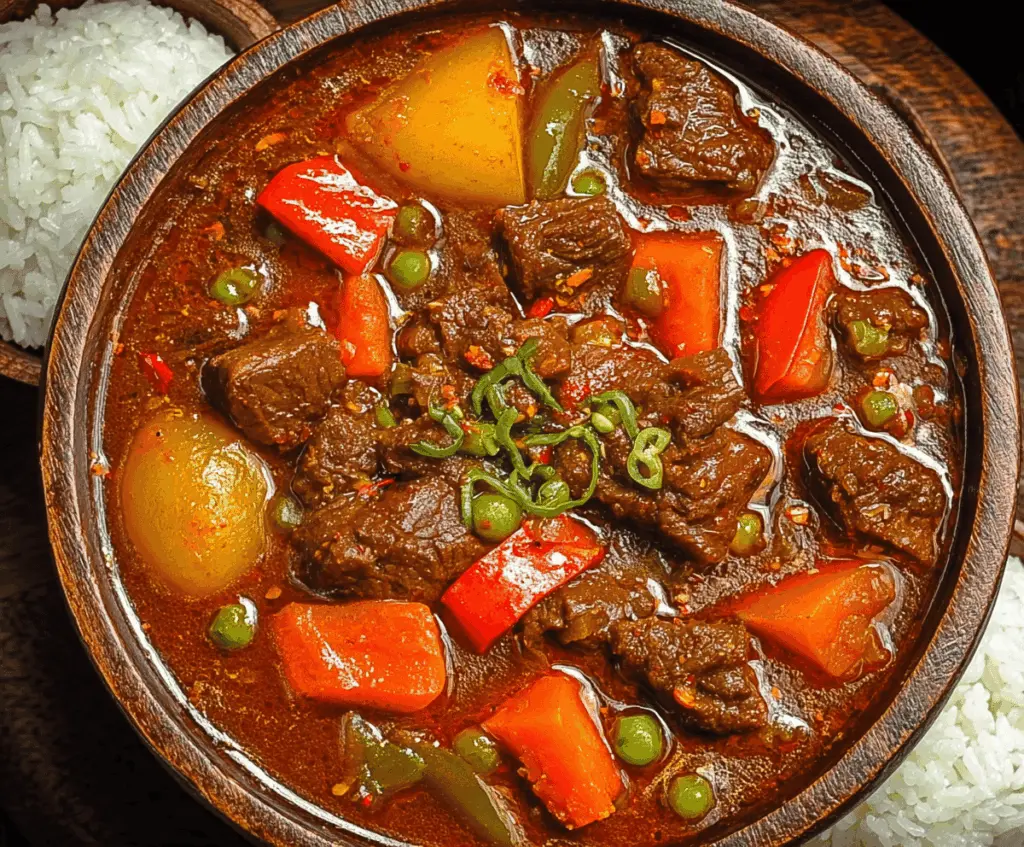 A delicious Filipino Beef Caldereta served in a bowl with tender beef, vegetables, and rich tomato sauce garnished with fresh herbs.