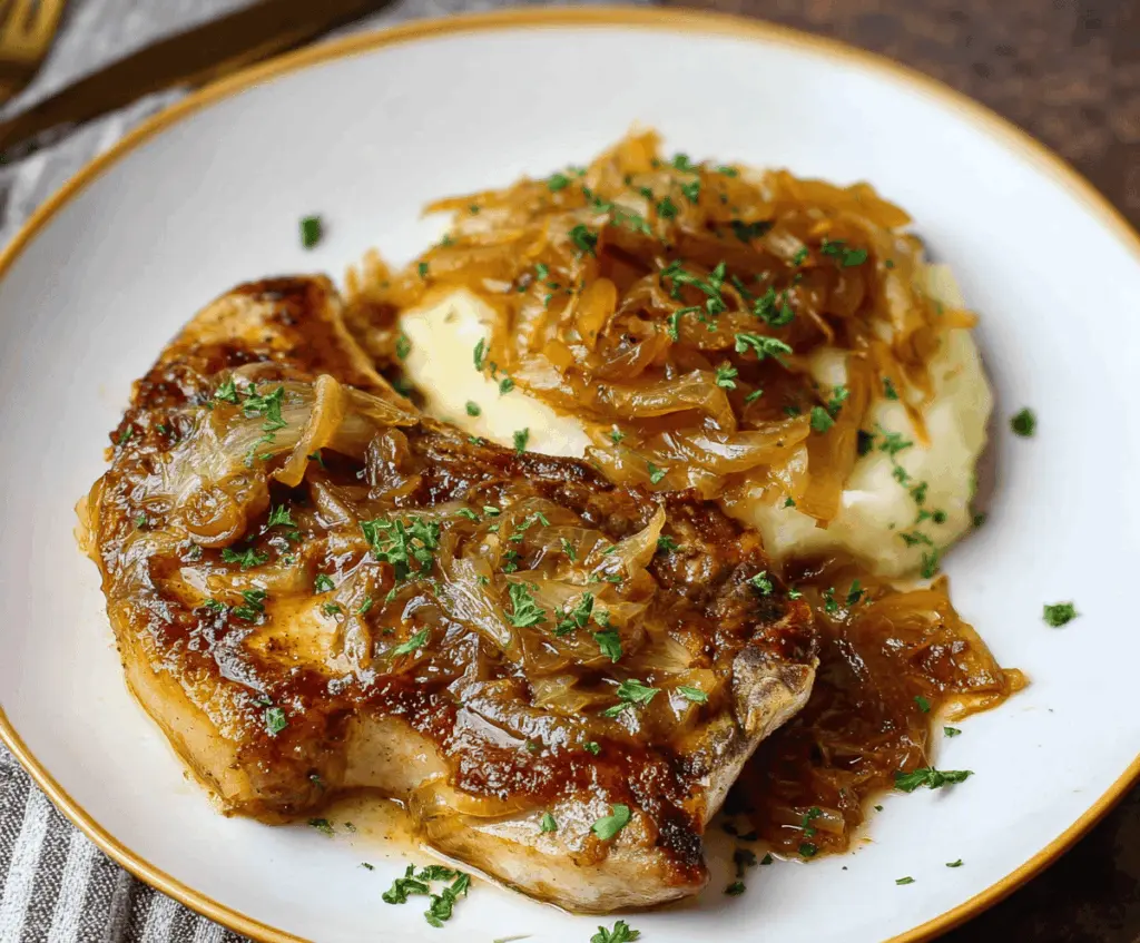 Delicious French Onion Pork Chops topped with caramelized onions and melted cheese served on a plate
