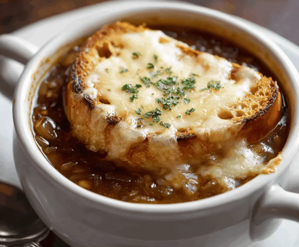 A bowl of steaming French Onion Soup topped with melted cheese and toasted bread, garnished with fresh herbs.