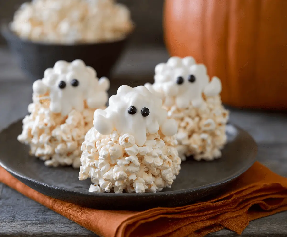 Spooky Ghost Popcorn Balls decorated with white candy coating and black candy eyes for Halloween treats