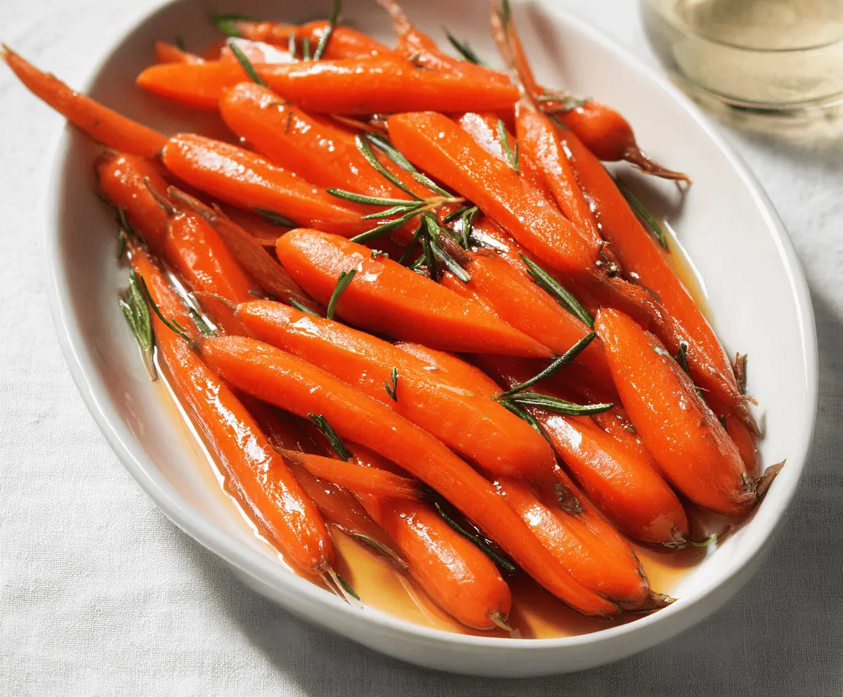 Bright glazed carrots garnished with fresh herbs on a white plate, ready to serve as a delicious side dish