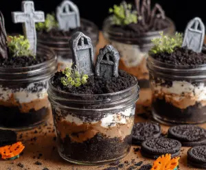 Delicious Graveyard Dirt Cups dessert with chocolate pudding, crushed cookies, and spooky gummy worms for a Halloween treat