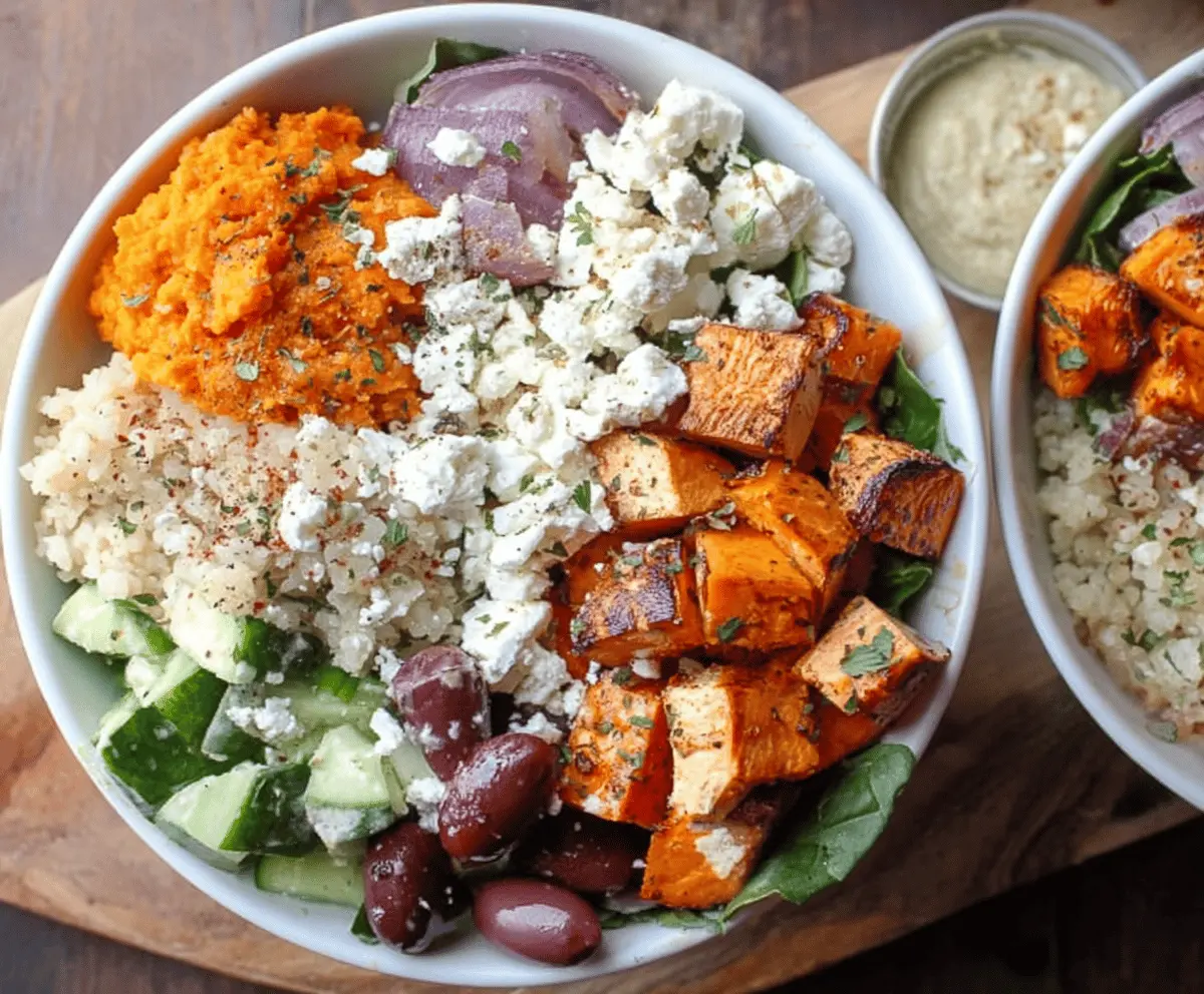 Healthy Greek Sweet Potato Bowls topped with fresh vegetables and herbs for a nutritious meal.