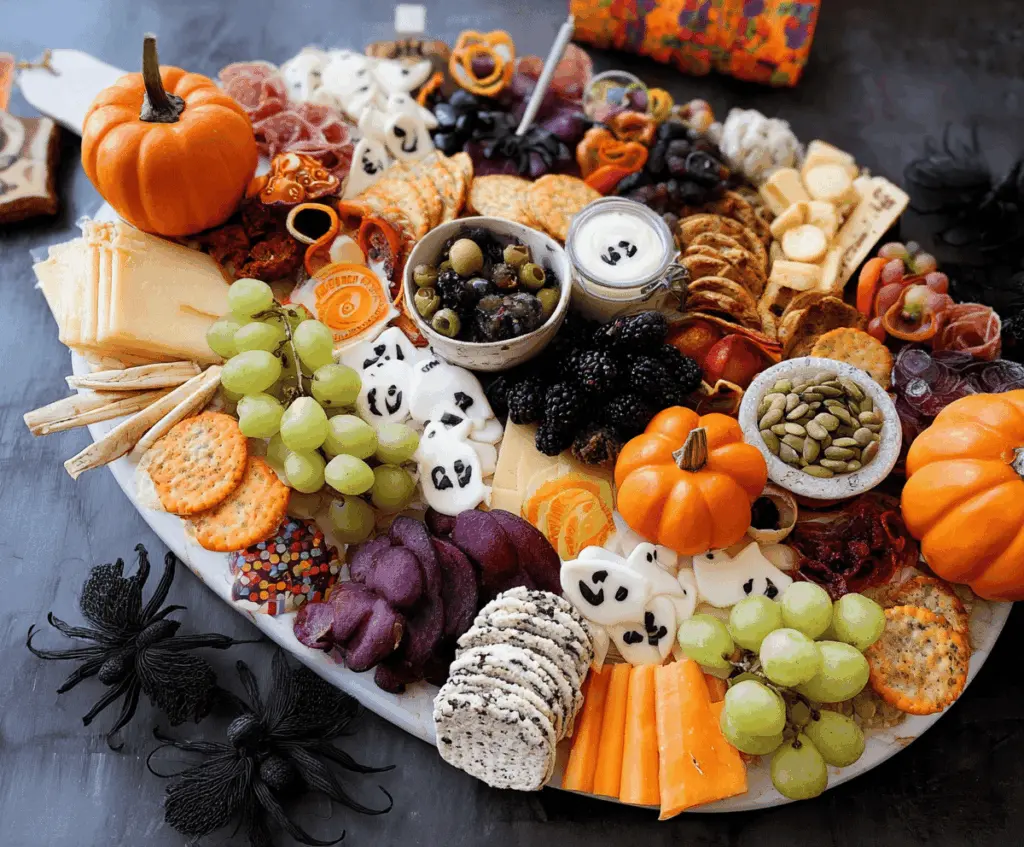 Colorful Halloween charcuterie board with spooky-themed cheeses, meats, fruits, and festive decorations for a Halloween party spread