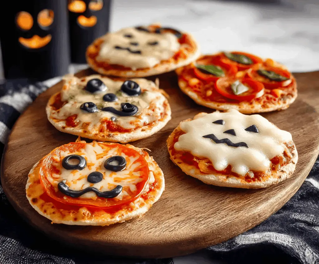 Delicious Halloween Mini Pizzas with spooky toppings on a festive plate, perfect for a Halloween party recipe