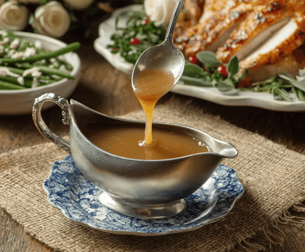 Homestyle turkey gravy served in a rustic bowl with herbs, perfect for holiday dinners