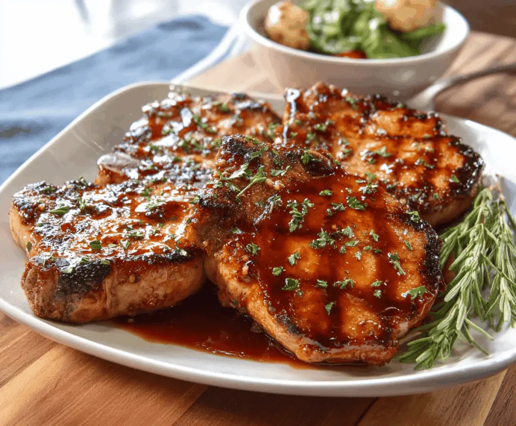 Juicy honey garlic pork chops garnished with fresh herbs on a rustic wooden table, perfect for a flavorful dinner.