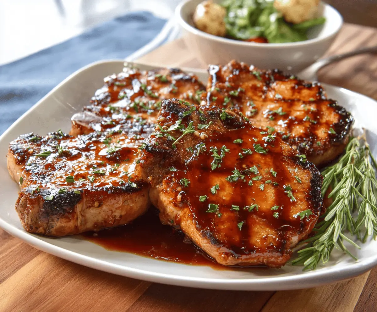 Juicy honey garlic pork chops garnished with fresh herbs on a rustic wooden table, perfect for a flavorful dinner.