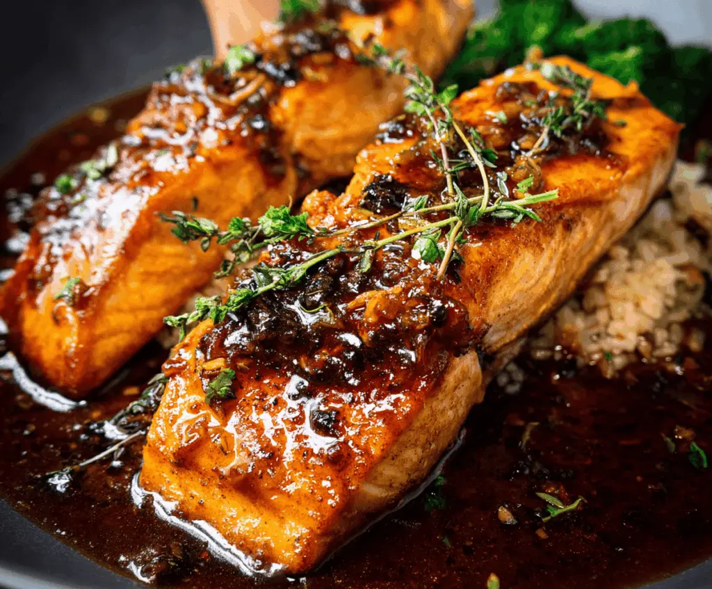 Delicious honey glazed salmon with a shiny caramelized coating on a white plate