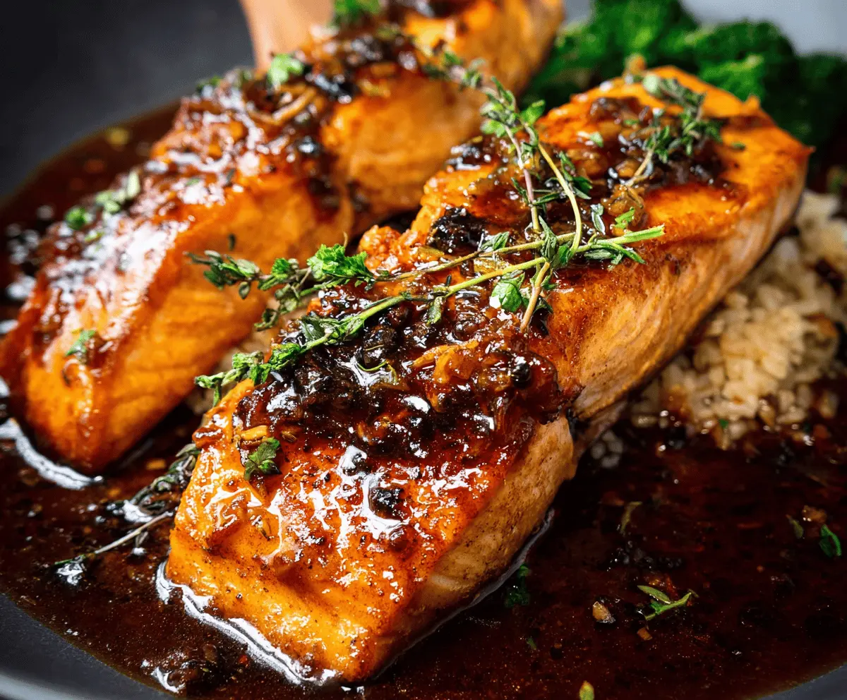 Delicious honey glazed salmon with a shiny caramelized coating on a white plate
