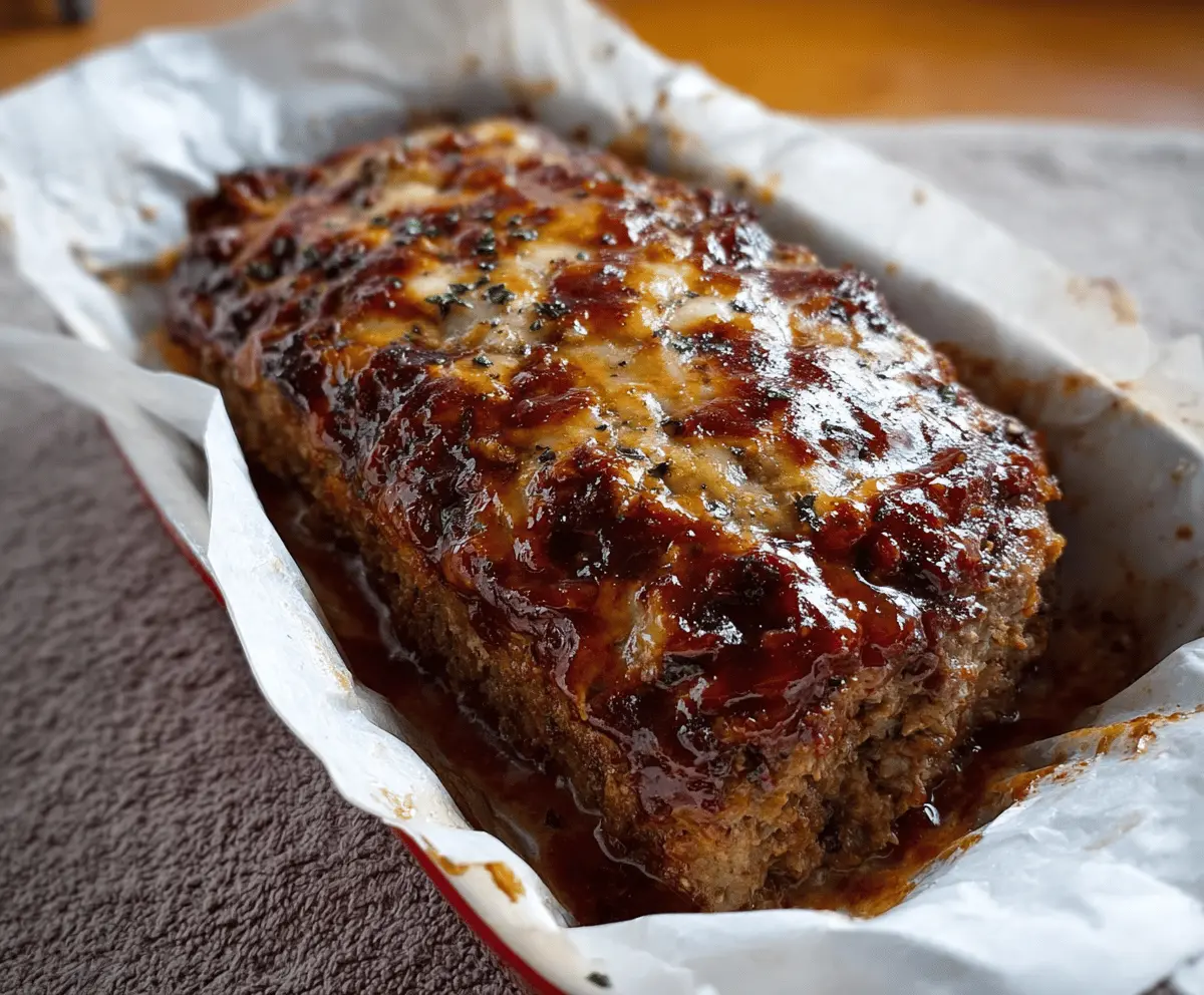 Juicy honey mustard glazed meatloaf served with fresh herbs and vegetables on a white plate