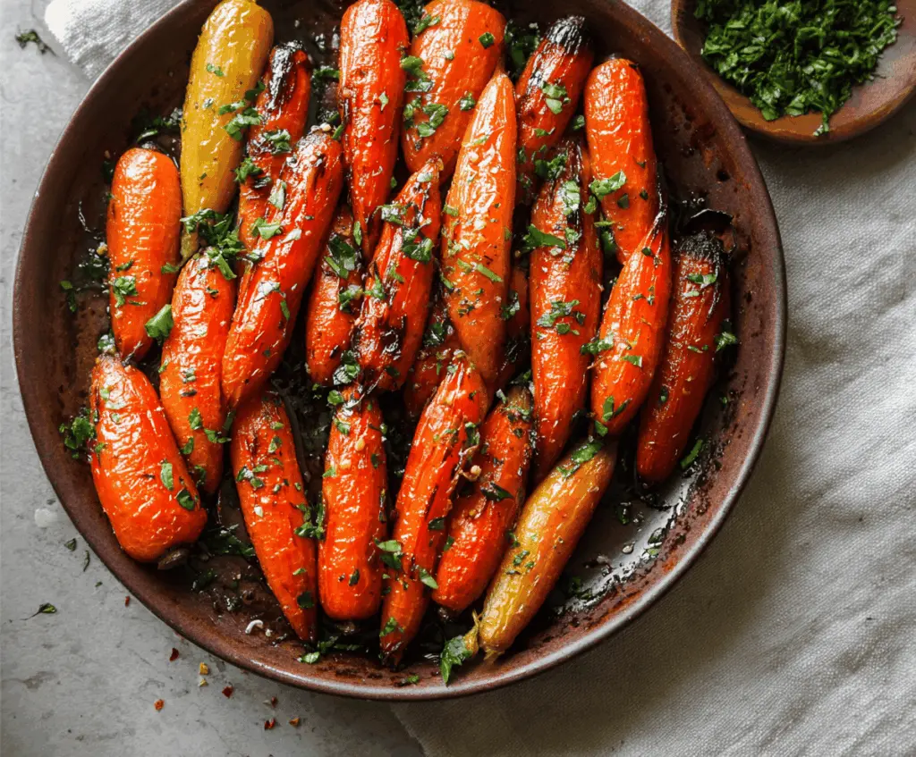 Delicious honey roasted carrots garnished with fresh herbs on a rustic plate