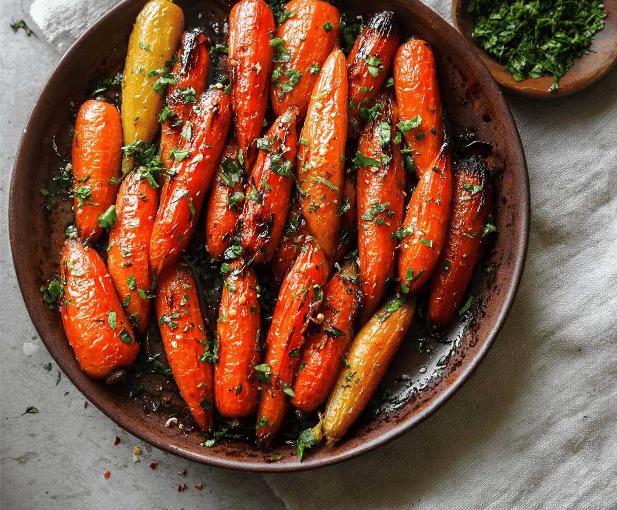 Delicious honey roasted carrots garnished with fresh herbs on a rustic plate