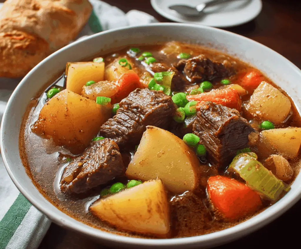 Hearty Irish Beef Stew with tender beef chunks, carrots, potatoes, and herbs in a rustic bowl, perfect for comforting homemade Irish cuisine.