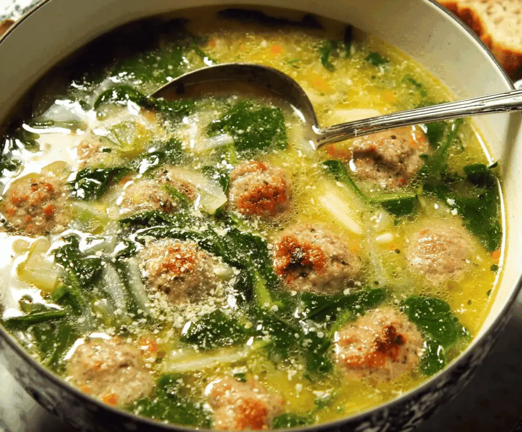 Delicious Italian Wedding Soup with meatballs, spinach, and pasta in a flavorful broth, served in a bowl.