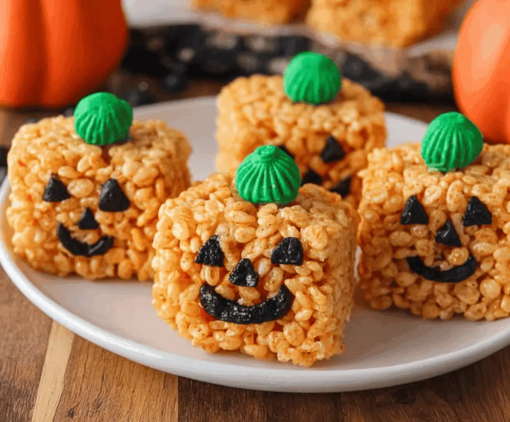 Colorful Jack O' Lantern Rice Krispie Treats decorated for Halloween, perfect for festive celebrations