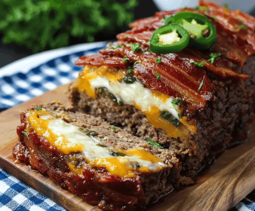 Juicy Jalapeño Popper Meatloaf topped with melted cheese and crispy bacon slices, garnished with fresh herbs, served on a plate