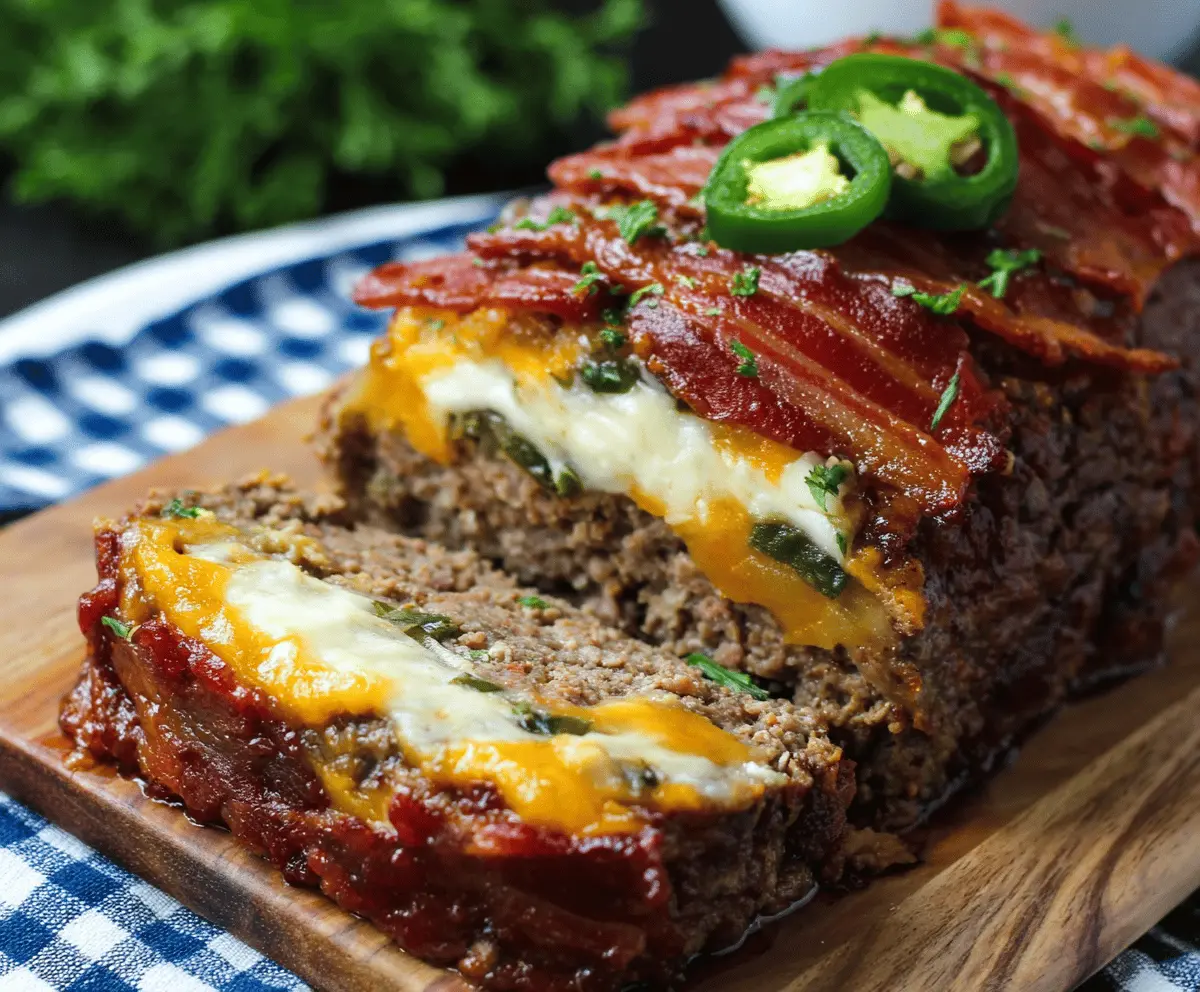 Juicy Jalapeño Popper Meatloaf topped with melted cheese and crispy bacon slices, garnished with fresh herbs, served on a plate