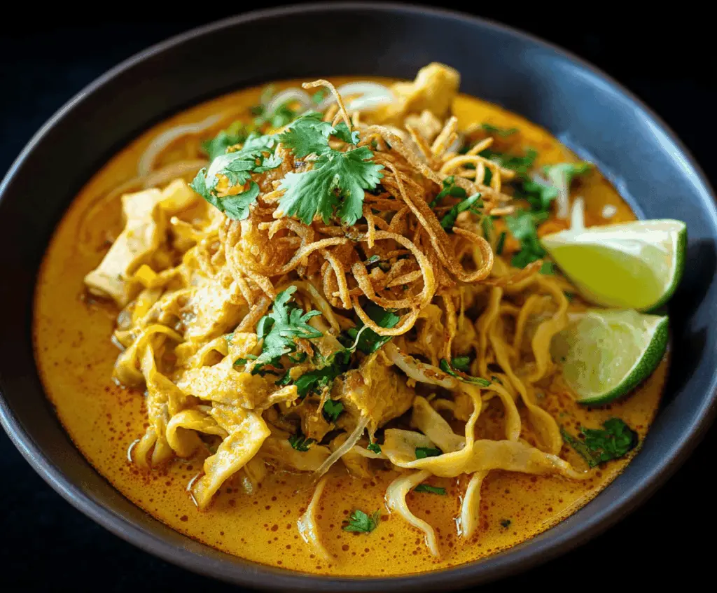 Creamy Khao Soi bowl topped with crispy noodles, lime wedge, and fresh herbs, showcasing a traditional Thai coconut curry noodle soup.