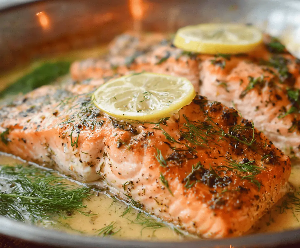 Delicious Lemon Dill Salmon fillet garnished with fresh herbs, served on a white plate with lemon wedges for a flavorful seafood dish
