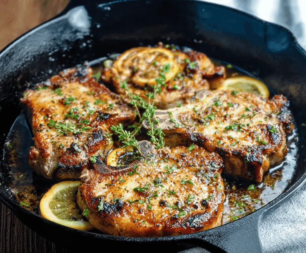 Juicy lemon garlic pork chops garnished with fresh herbs on a rustic wooden table, perfect for a flavorful dinner