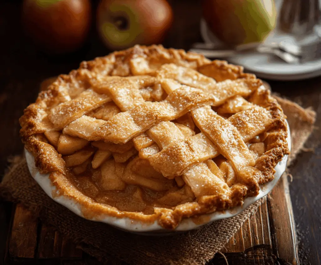 Delicious homemade Maple Apple Pie with a golden crust and fresh apple filling.