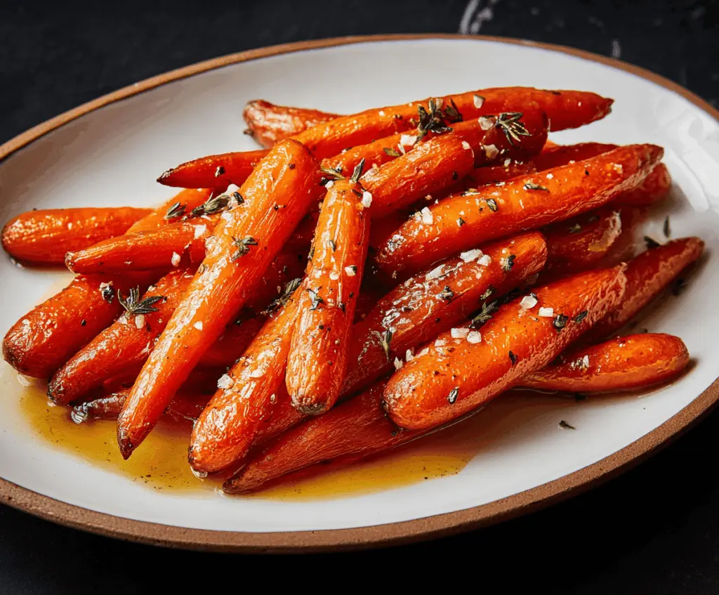 Delicious maple glazed carrots served on a white plate, garnished with fresh herbs.