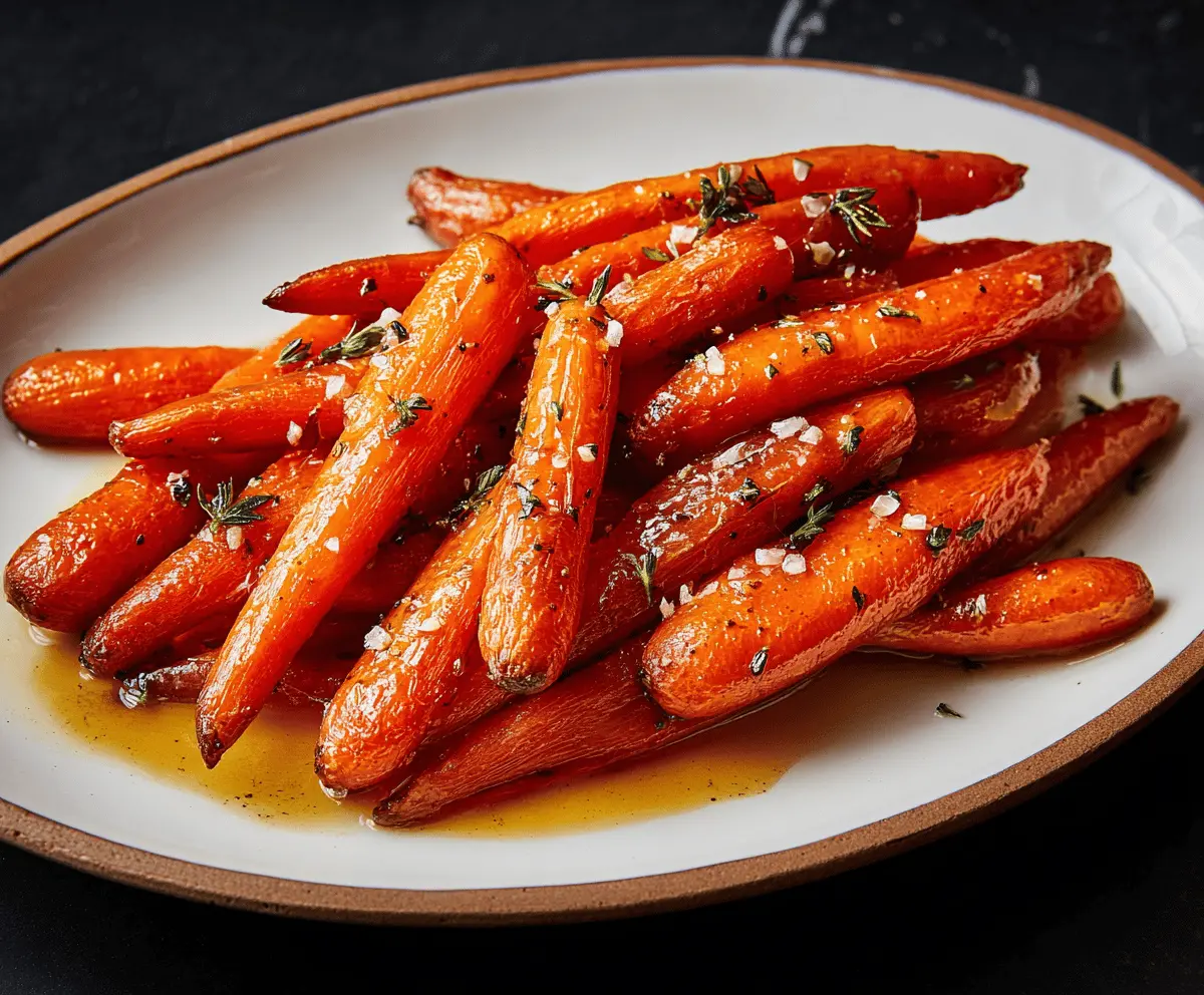 Delicious maple glazed carrots served on a white plate, garnished with fresh herbs.