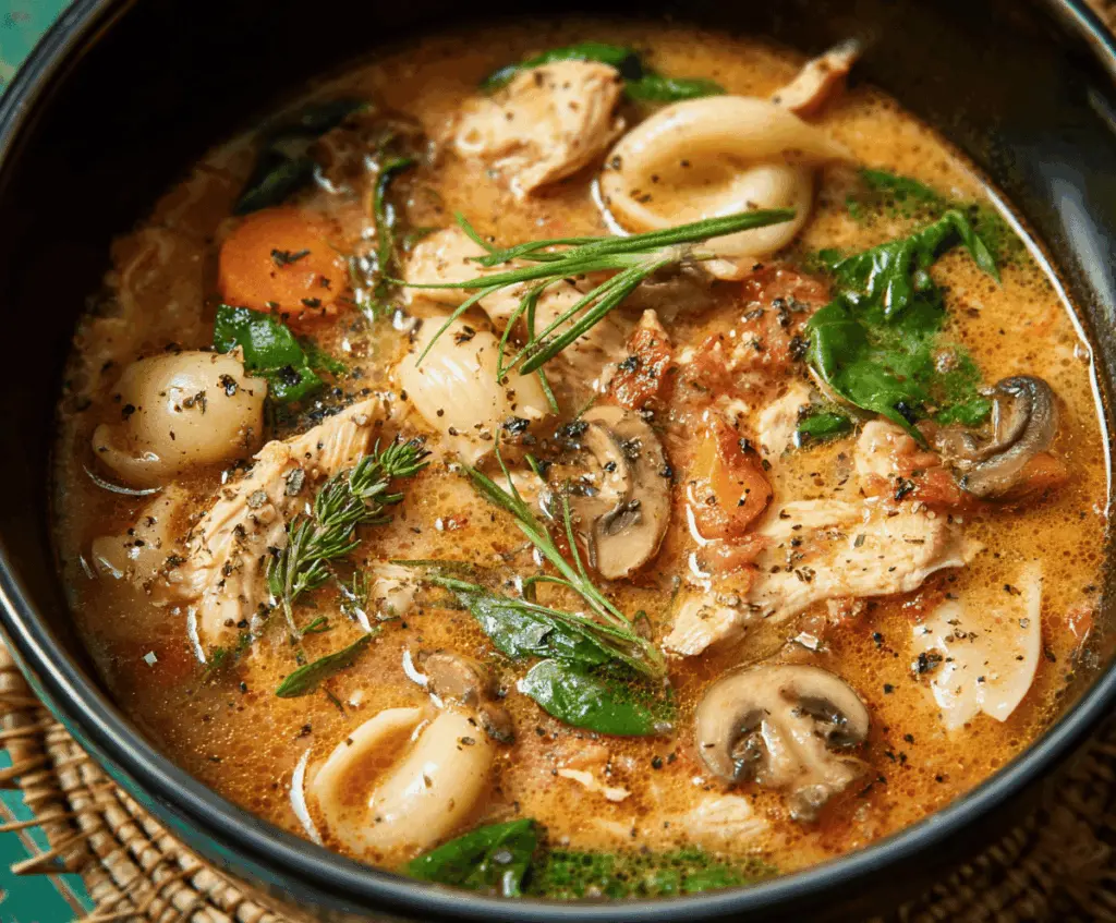 Creamy Marry Me Chicken Soup with tender chicken, fresh herbs, and melted cheese in a comforting bowl