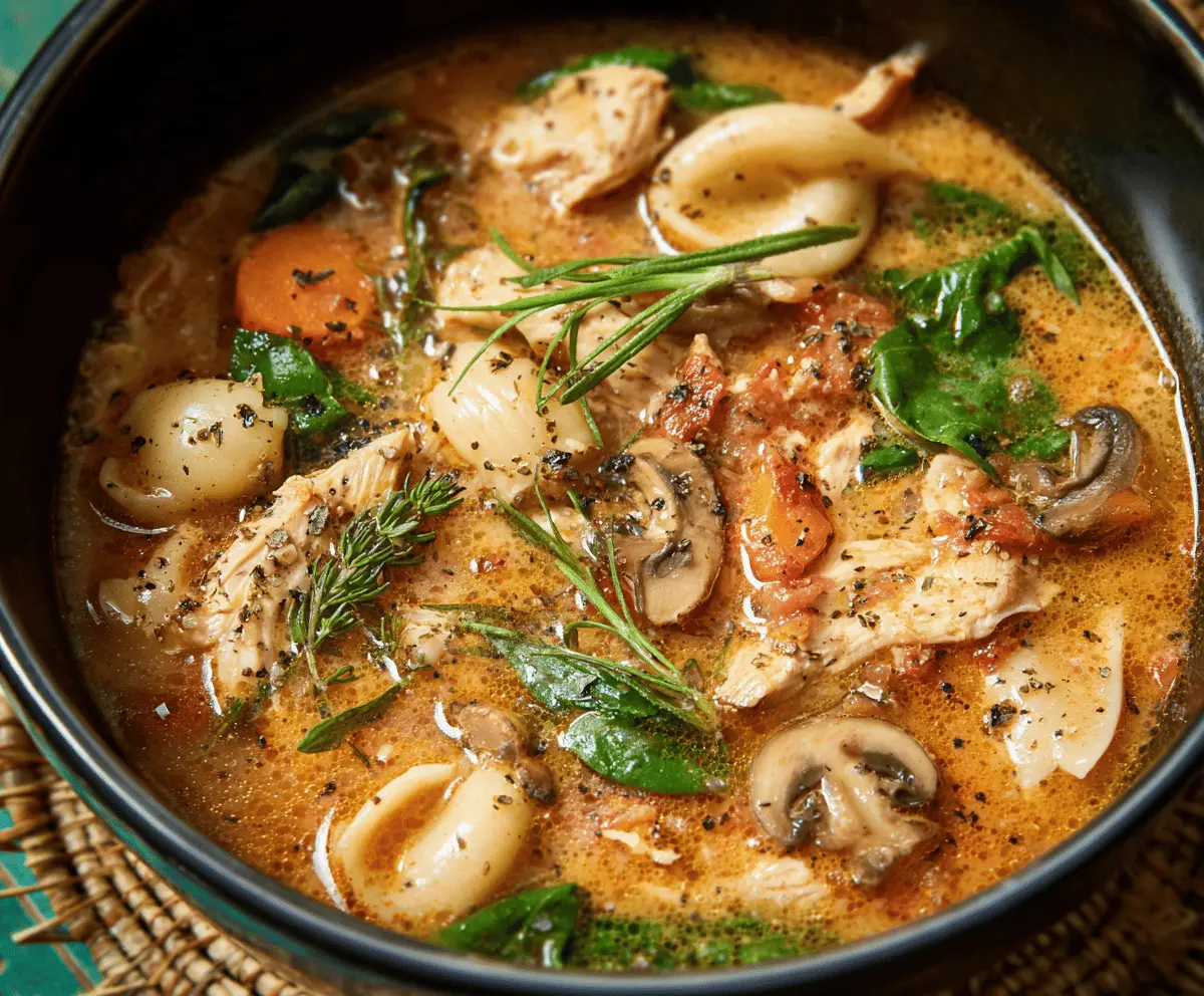 Creamy Marry Me Chicken Soup with tender chicken, fresh herbs, and melted cheese in a comforting bowl