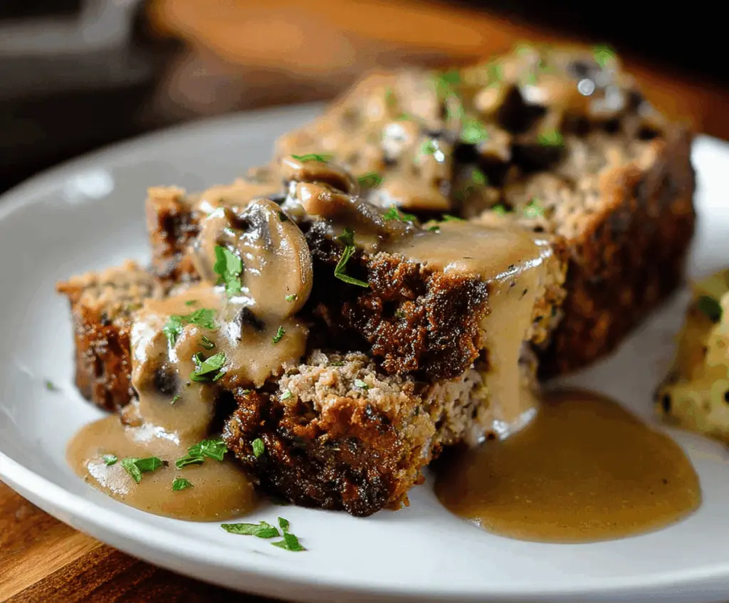 Delicious homemade meatloaf topped with savory mushroom gravy served on a dinner plate
