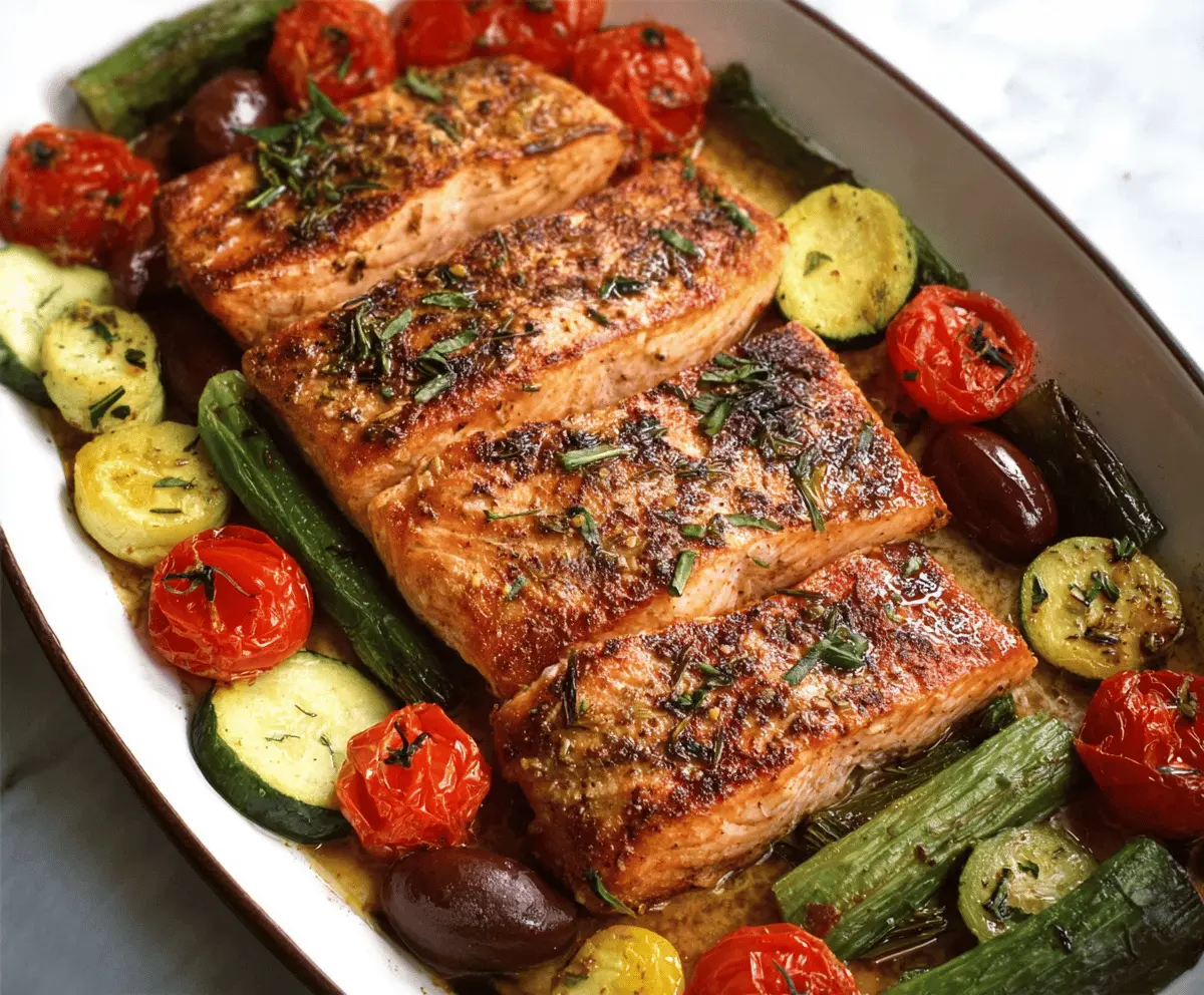 Delicious Mediterranean Salmon Bake topped with fresh herbs, cherry tomatoes, olives, and lemon slices on a baking dish