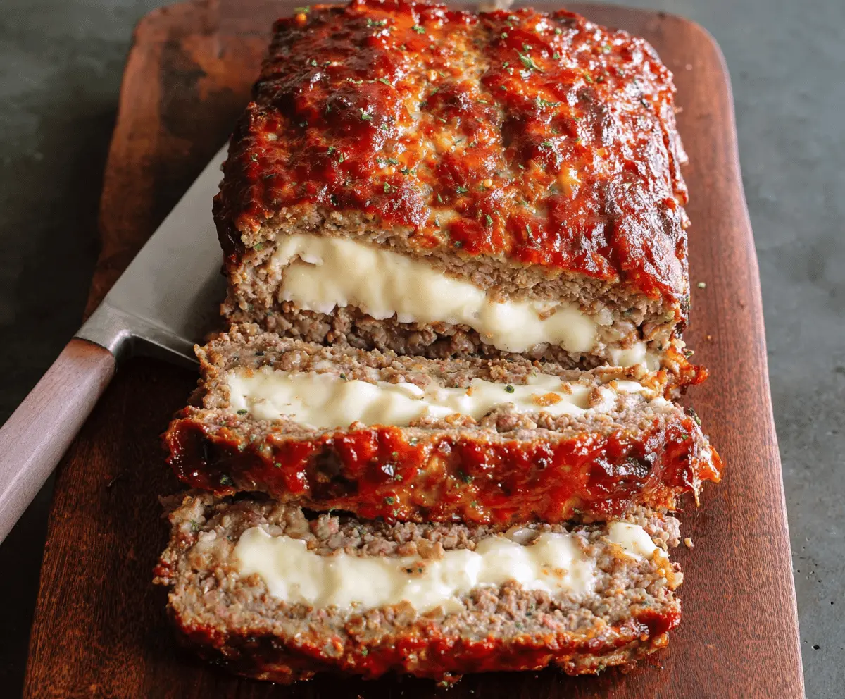 Delicious mozzarella-stuffed meatloaf fresh out of the oven, showcasing melted cheese inside a savory meat mixture.