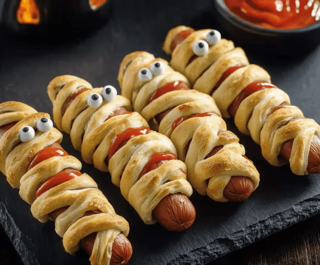 Cute Mummy Hot Dogs wrapped in crescent dough with googly eyes, perfect for Halloween party snacks.