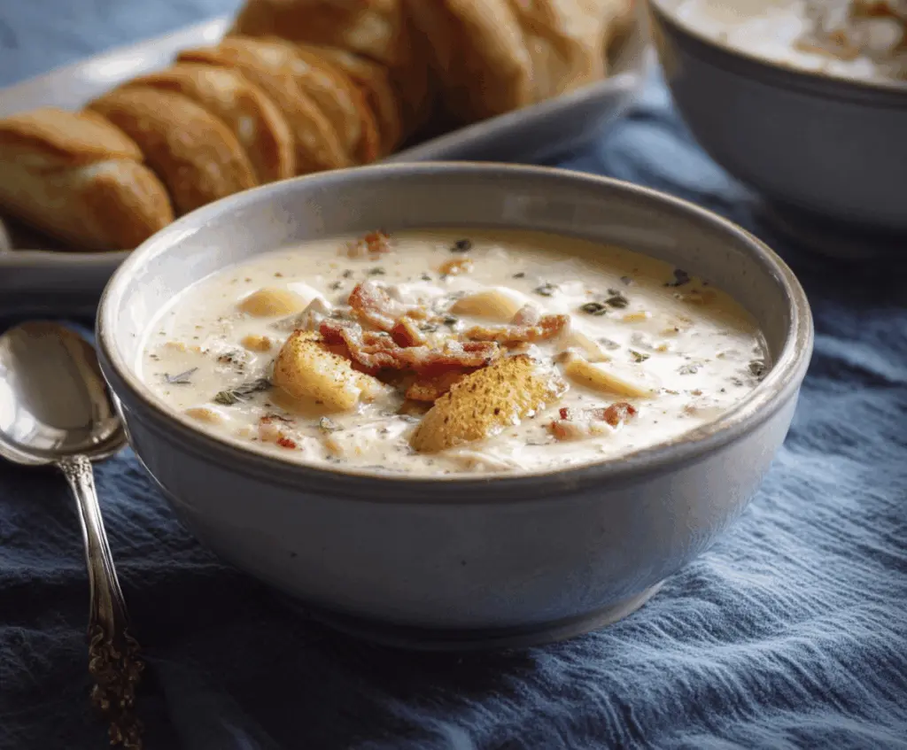 Creamy New England Clam Chowder served in a bowl with fresh herbs and oyster crackers, showcasing a hearty seafood soup with potatoes, clams, and onions.