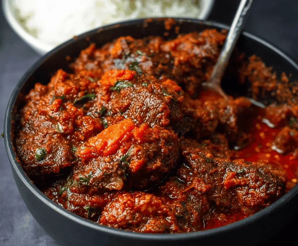 Delicious Nigerian Beef Stew with tender beef chunks, vibrant tomatoes, peppers, and aromatic spices served in a bowl