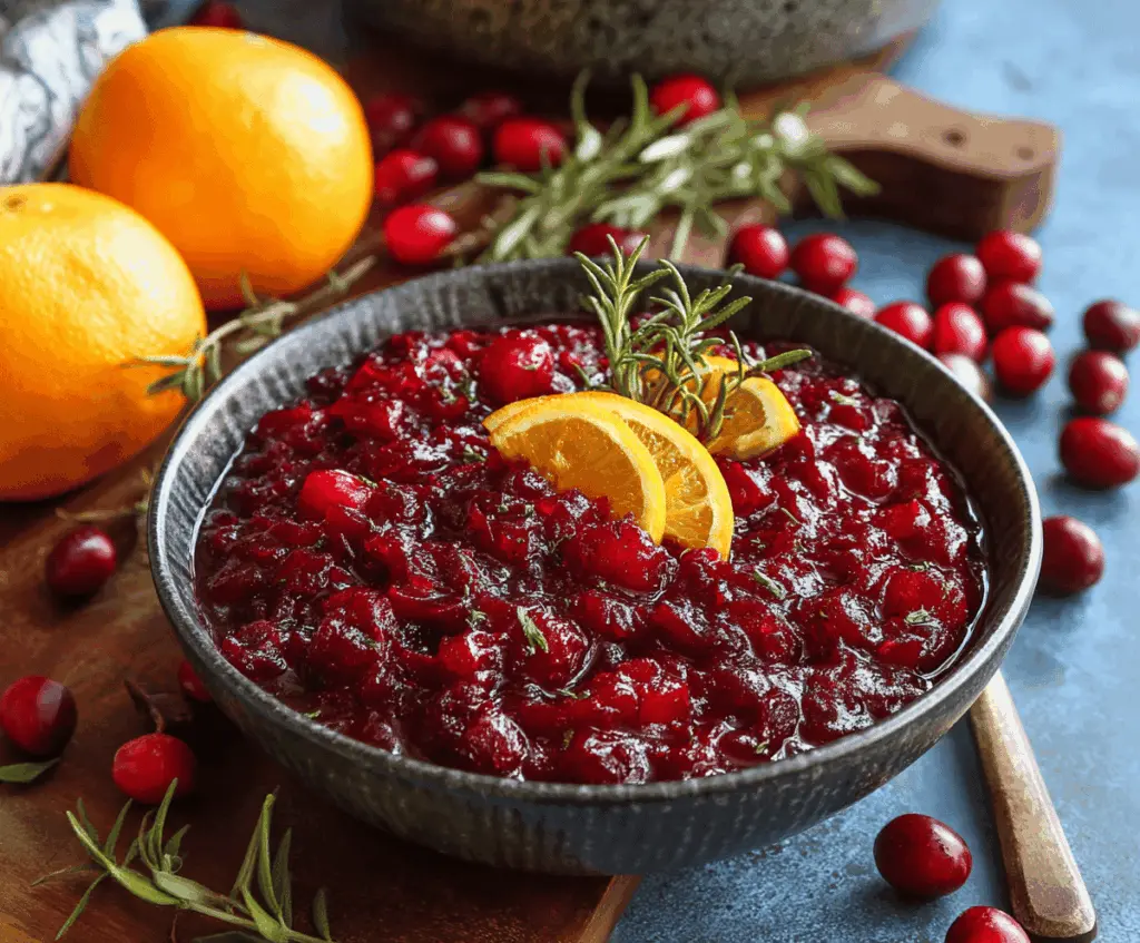 Fresh homemade orange cranberry sauce in a glass bowl for holiday dinner.