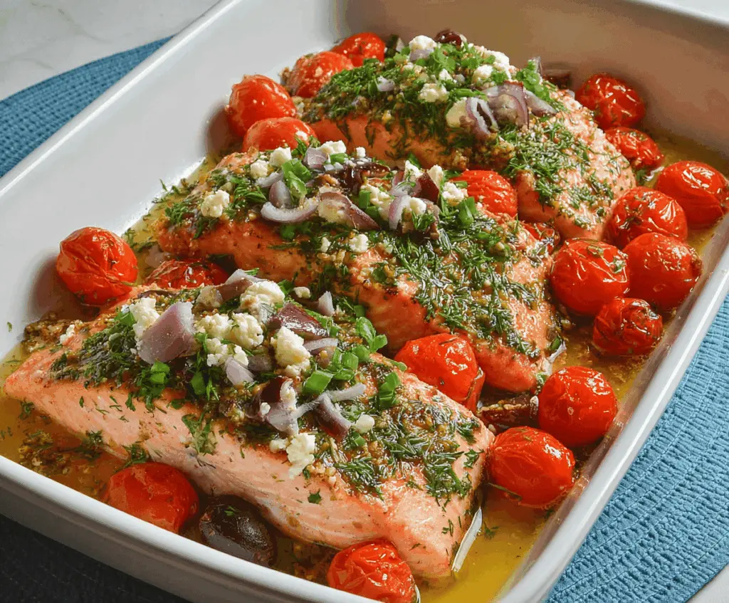 Delicious baked Greek salmon fillet garnished with fresh herbs and lemon slices on a baking tray, perfect for a healthy dinner